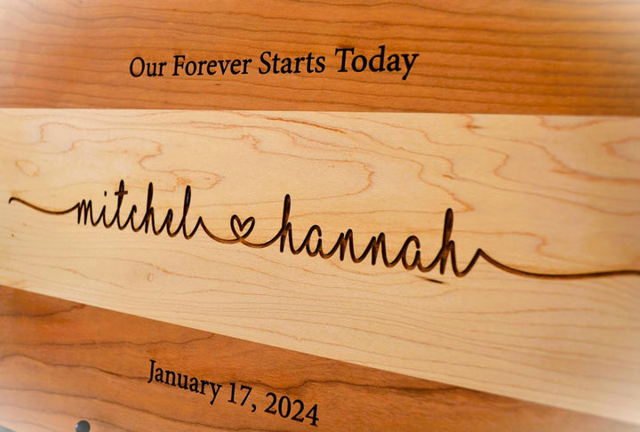 Personalized Wedding Cutting Board Gift – Elegant Cherry & Maple Wood with Forever Embracing Hearts Engraving