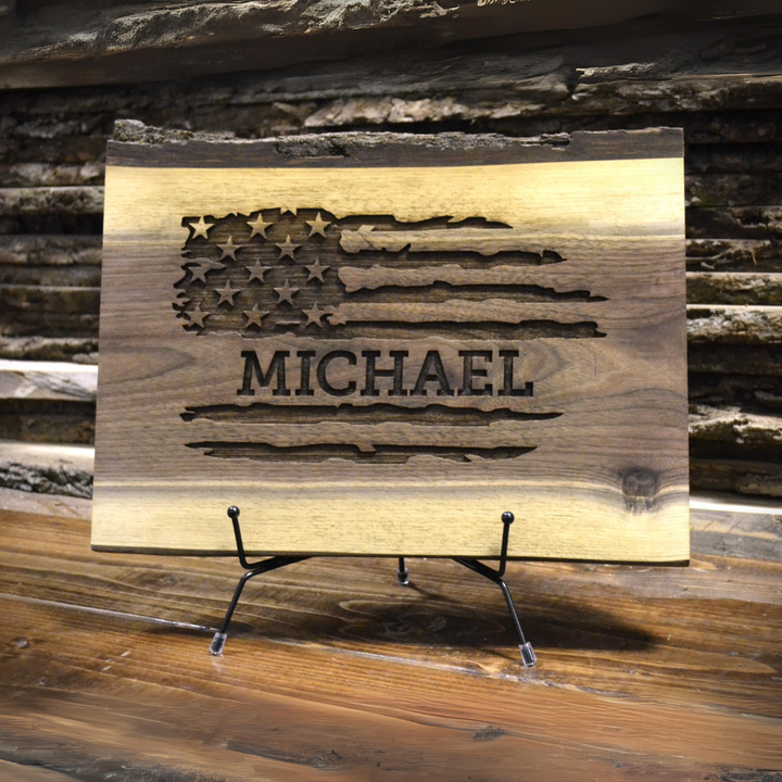 American Flag Design Personalized Custom Engraved Live Edge Walnut Wood Cutting Board