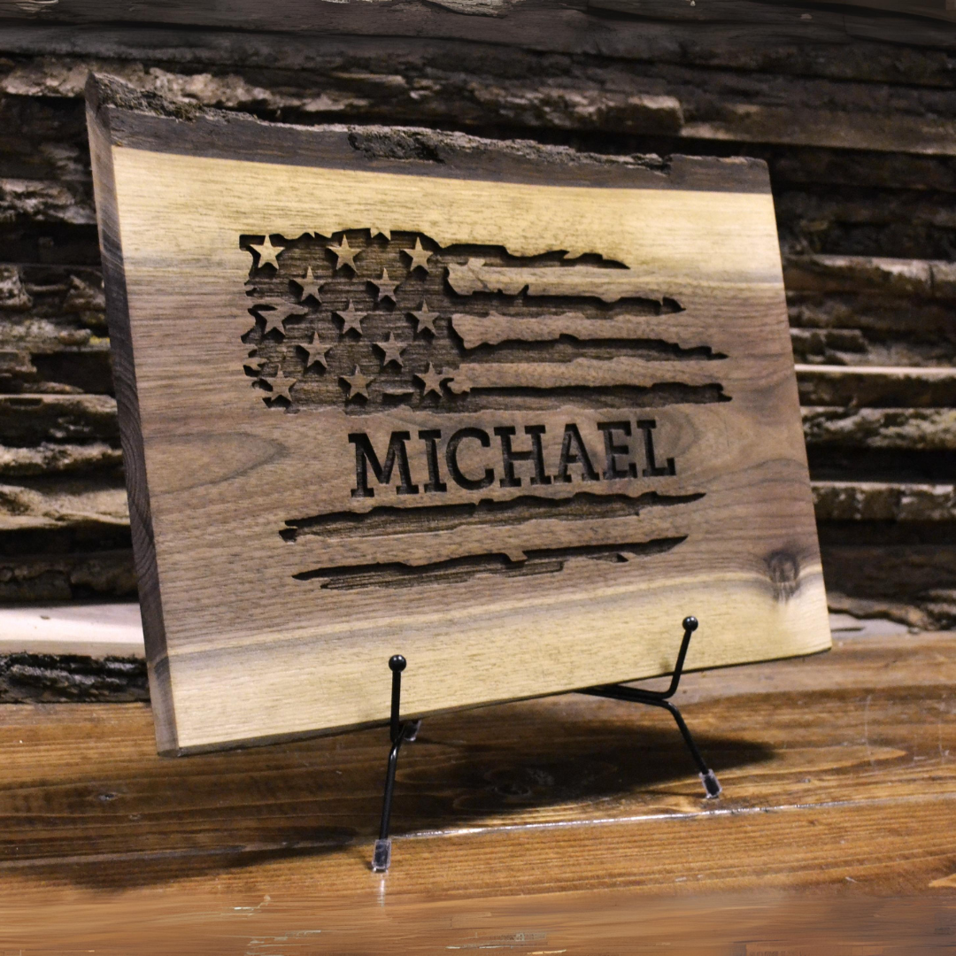 American Flag Design Personalized Custom Engraved Live Edge Walnut Wood Cutting Board