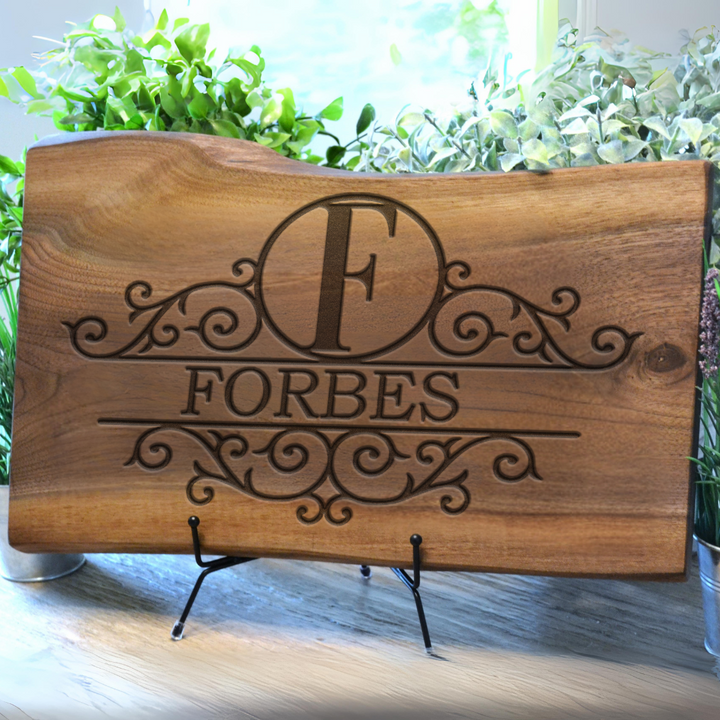 Personalized Live Edge Walnut Cutting Board - Smooth Sanded & Polished with Custom Royalty-Inspired Design