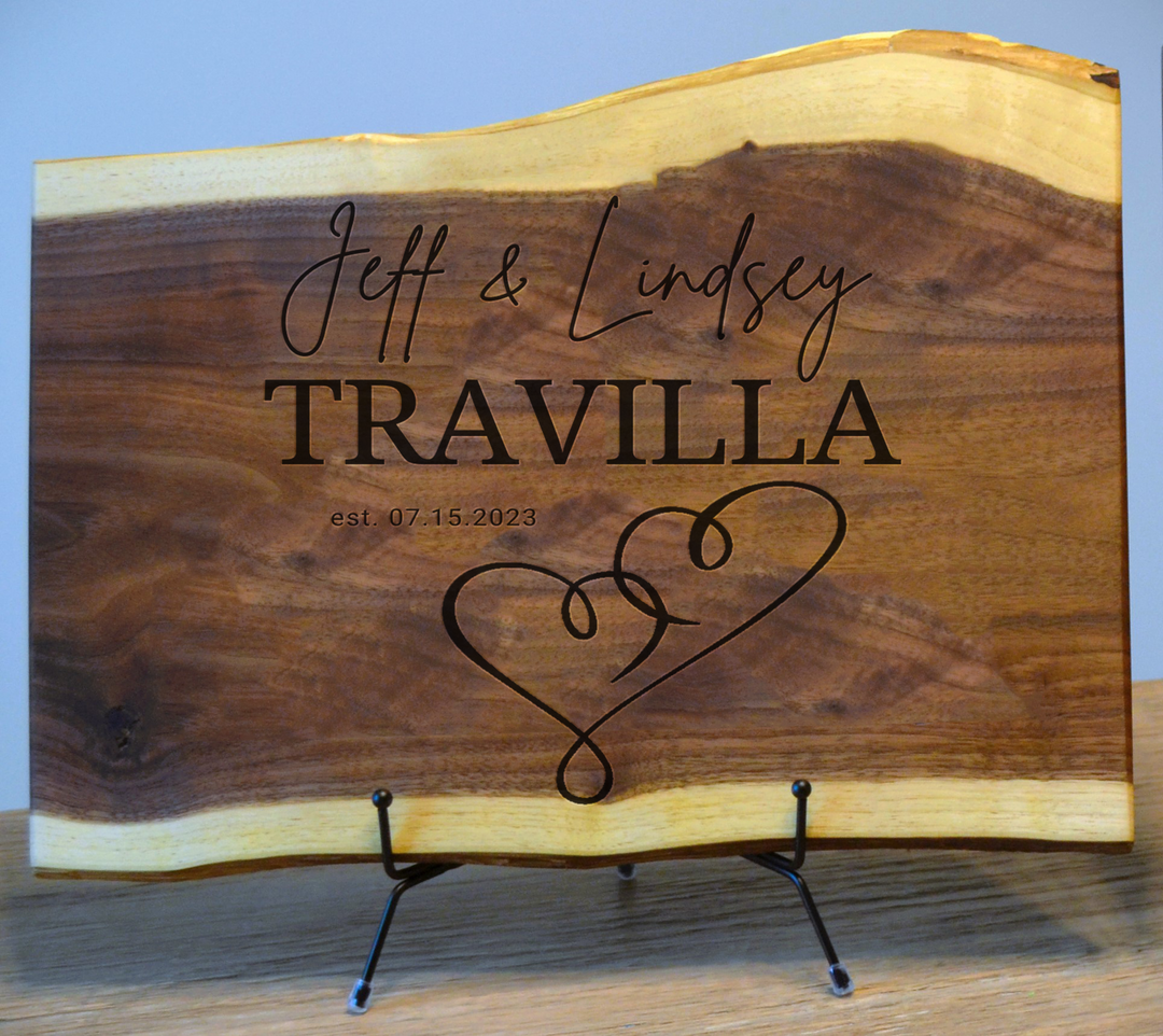 Custom Personalized Engraved Live Edge Walnut Wood Cutting Board with Heart Design for All Occasions