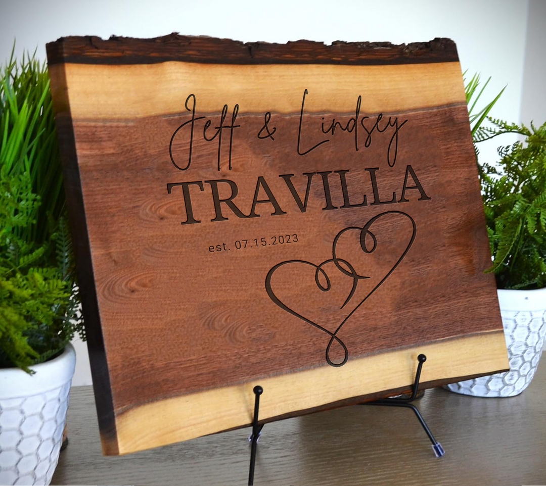 Custom Personalized Engraved Live Edge Walnut Wood Cutting Board with Heart Design for All Occasions