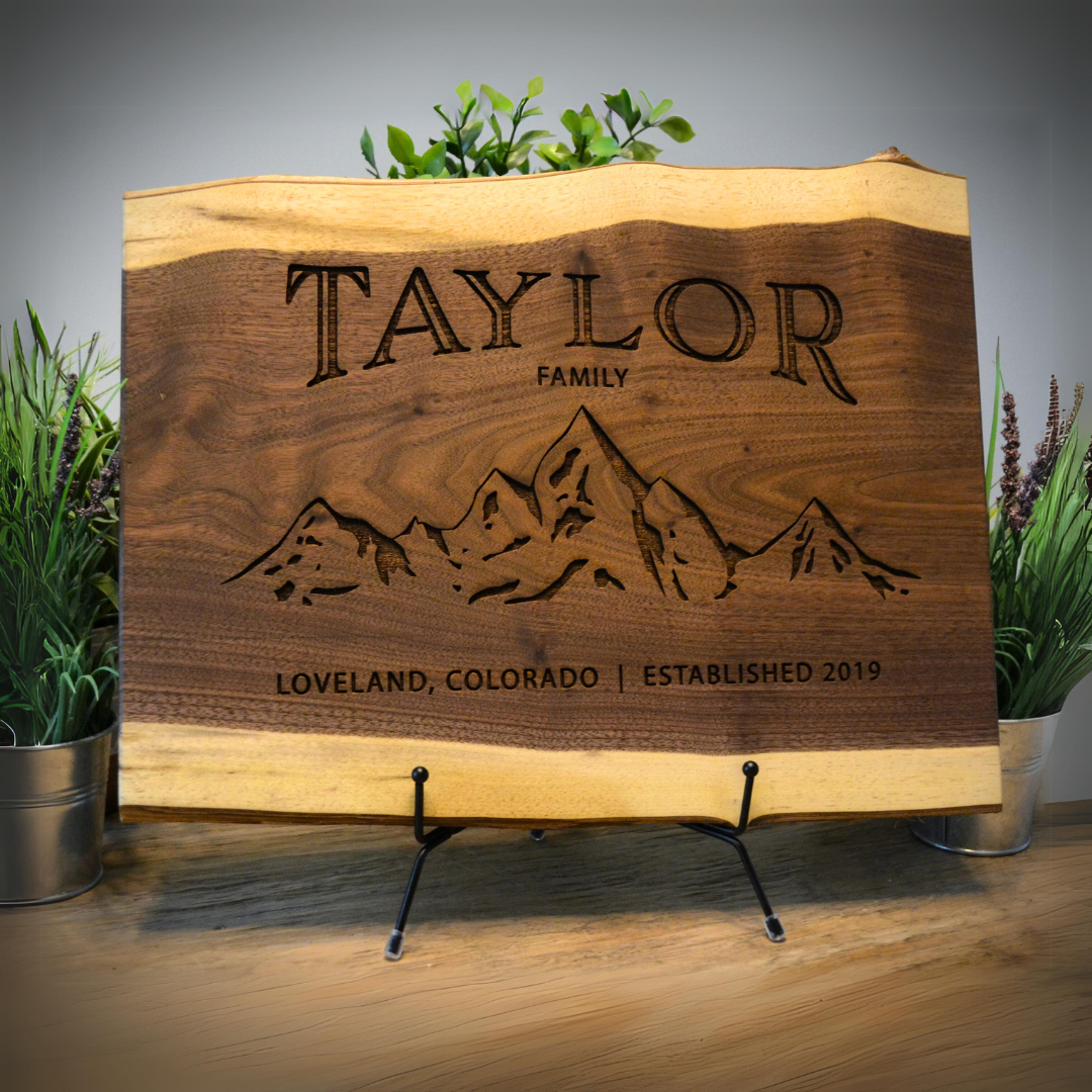 Personalized Custom Engraved Live Edge Walnut Wood Cutting Board with Mountain Family Monogram for All Occasions