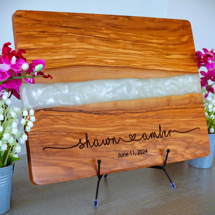 Personalized Cutting Board Wedding Gift Olivewood White River Epoxy Live Edge Display