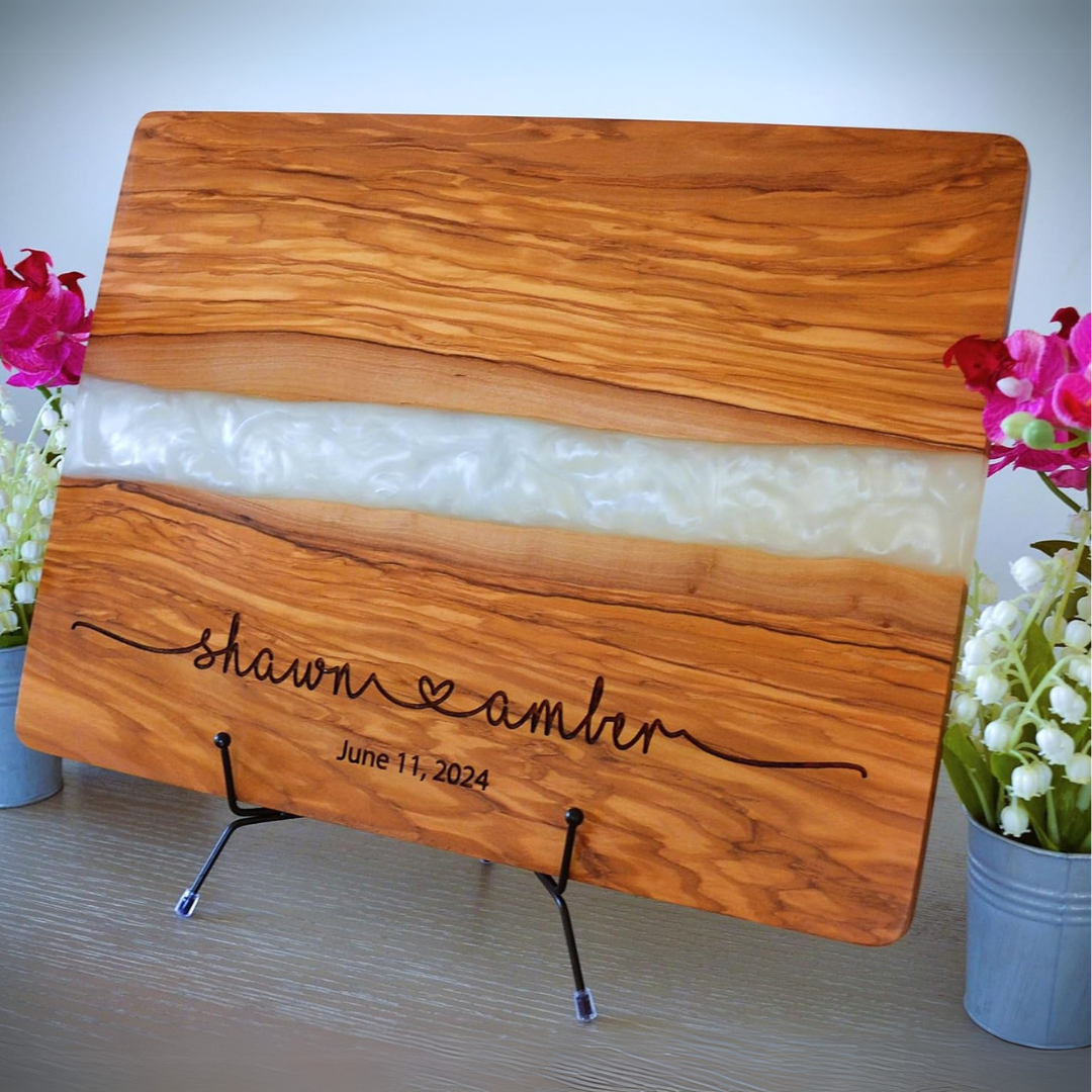 Personalized Cutting Board Wedding Gift Olivewood White River Epoxy Live Edge Display