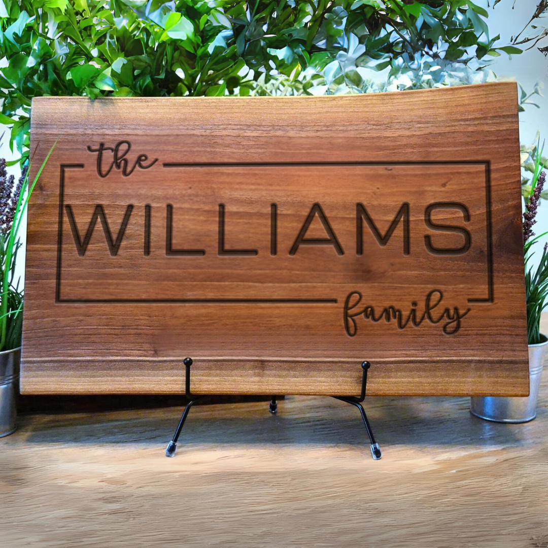 Personalized Live Edge Walnut Cutting Board – Smooth Sanded & Polished with Minimal Frame Engraving