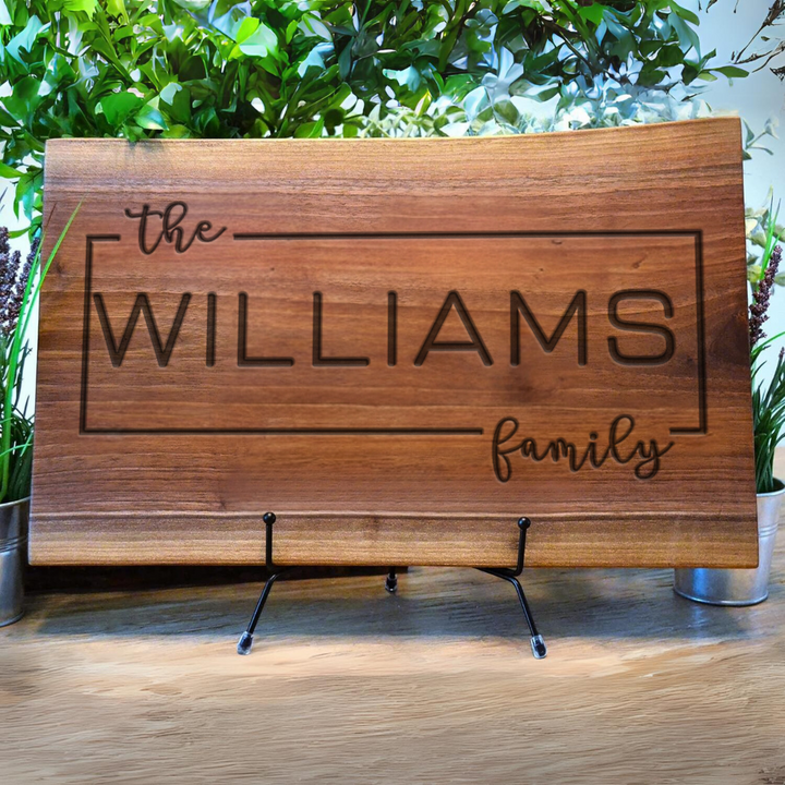 Personalized Live Edge Walnut Cutting Board – Smooth Sanded & Polished with Minimal Frame Engraving