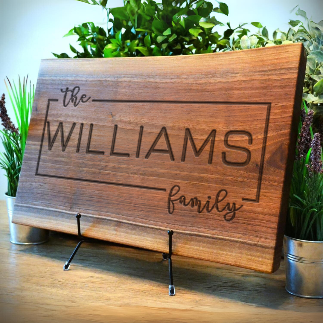 Personalized Live Edge Walnut Cutting Board – Smooth Sanded & Polished with Minimal Frame Engraving