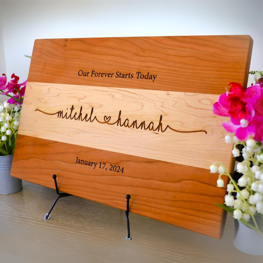 Personalized Wedding Cutting Board Gift – Elegant Cherry & Maple Wood with Forever Embracing Hearts Engraving