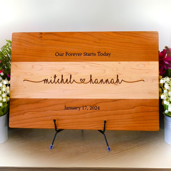 Personalized Wedding Cutting Board Gift – Elegant Cherry & Maple Wood with Forever Embracing Hearts Engraving