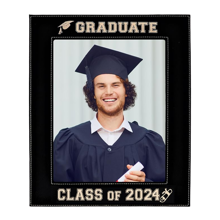 Class of 2024 Leatherette Graduation Picture Frame - Custom Gold Engraved Gift for Graduates