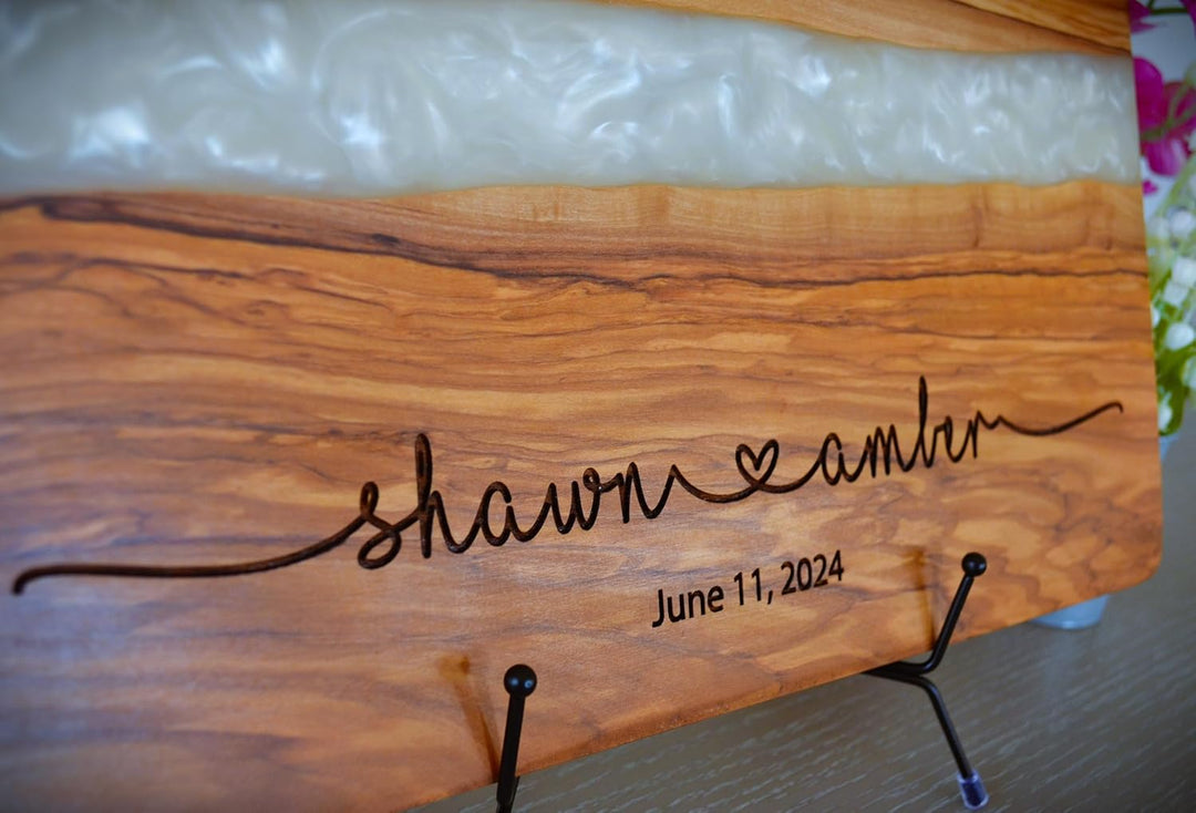 Personalized Cutting Board Wedding Gift Olivewood White River Epoxy Live Edge Display