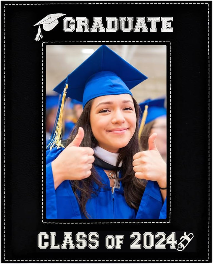 Class of 2024 Leatherette Graduation Picture Frame - Custom Silver Engraved Gift for Graduates