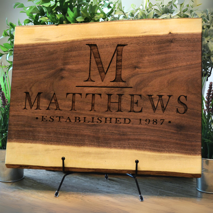 Custom Personalized Engraved Walnut Wood Cutting Board with Live Edge and Classic Monogram Initials for Every Occasion