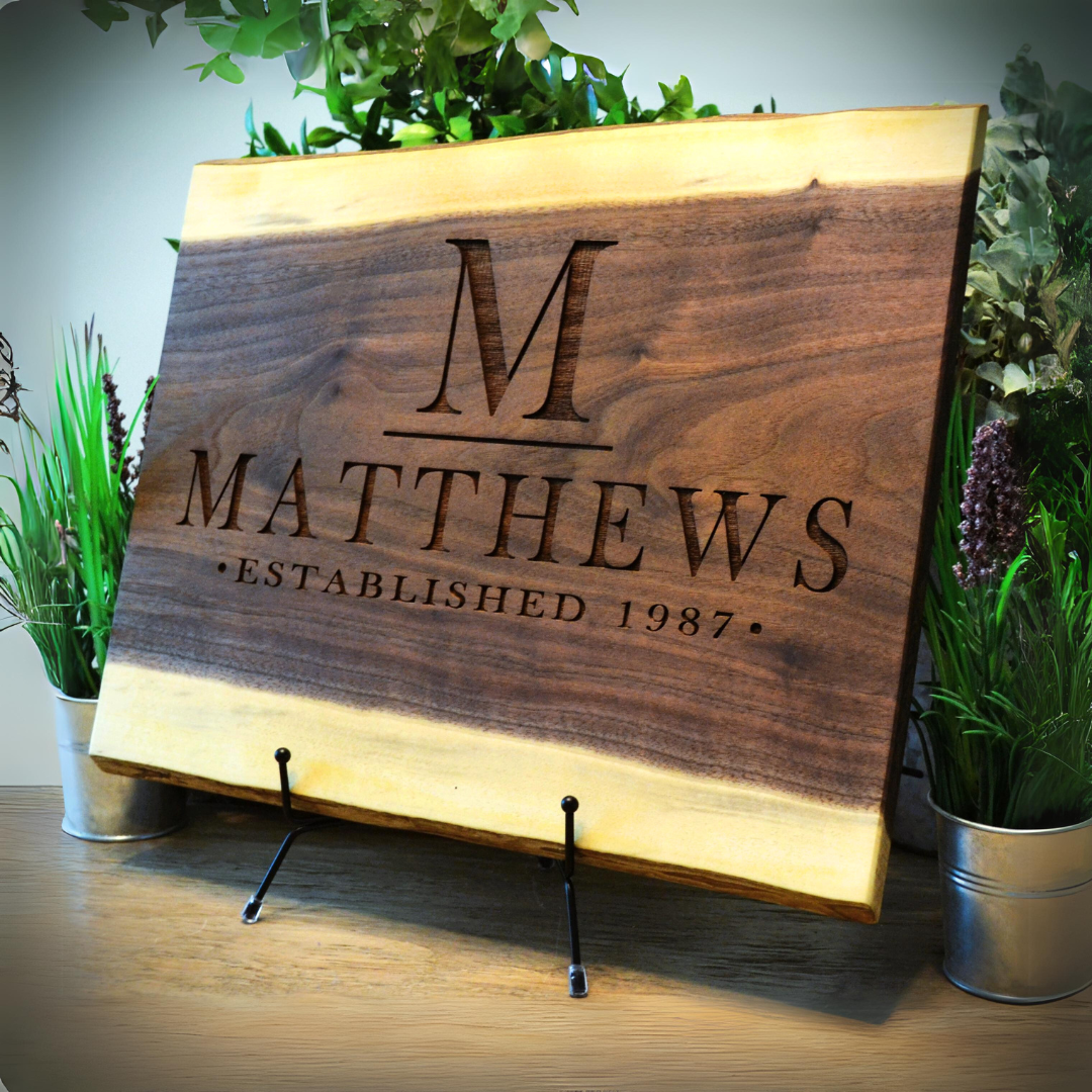 Custom Personalized Engraved Walnut Wood Cutting Board with Live Edge and Classic Monogram Initials for Every Occasion