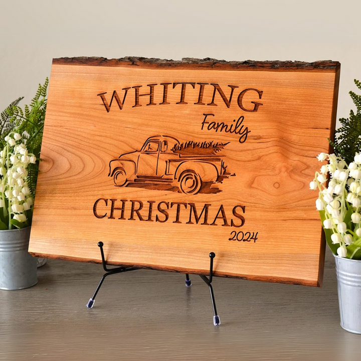 Personalized Cherry Live Edge Cutting Board with Custom Vintage Truck & Tree Engraving