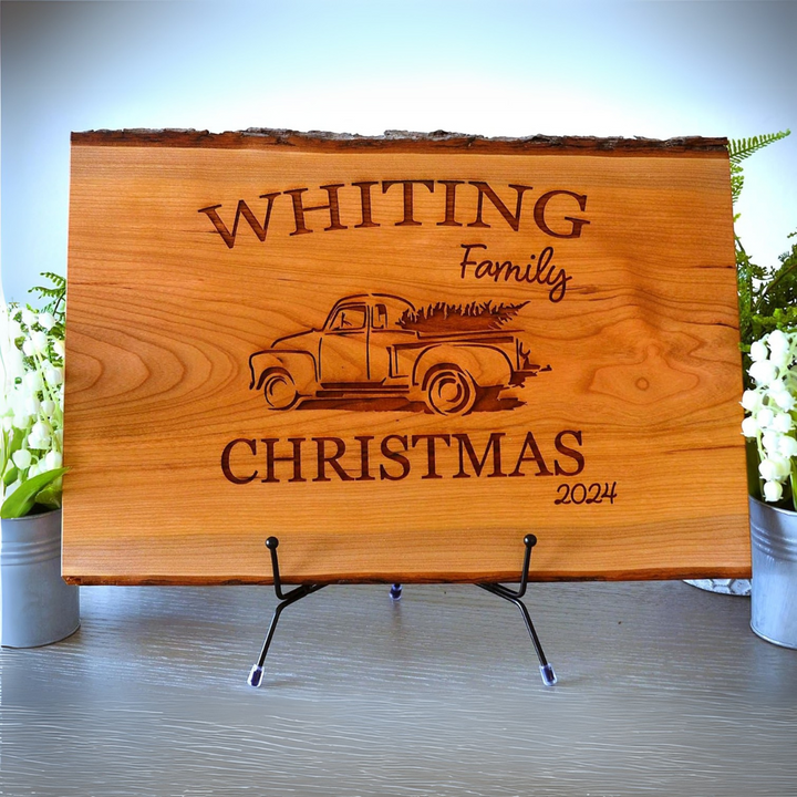 Personalized Cherry Live Edge Cutting Board with Custom Vintage Truck & Tree Engraving