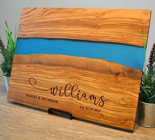 Personalized Cutting Board Wedding Gift Olivewood Blue River Epoxy Live Edge Display Custom Engraved Charcuterie Unique Anniversary Newlywed Couple Parents Housewarming Christmas