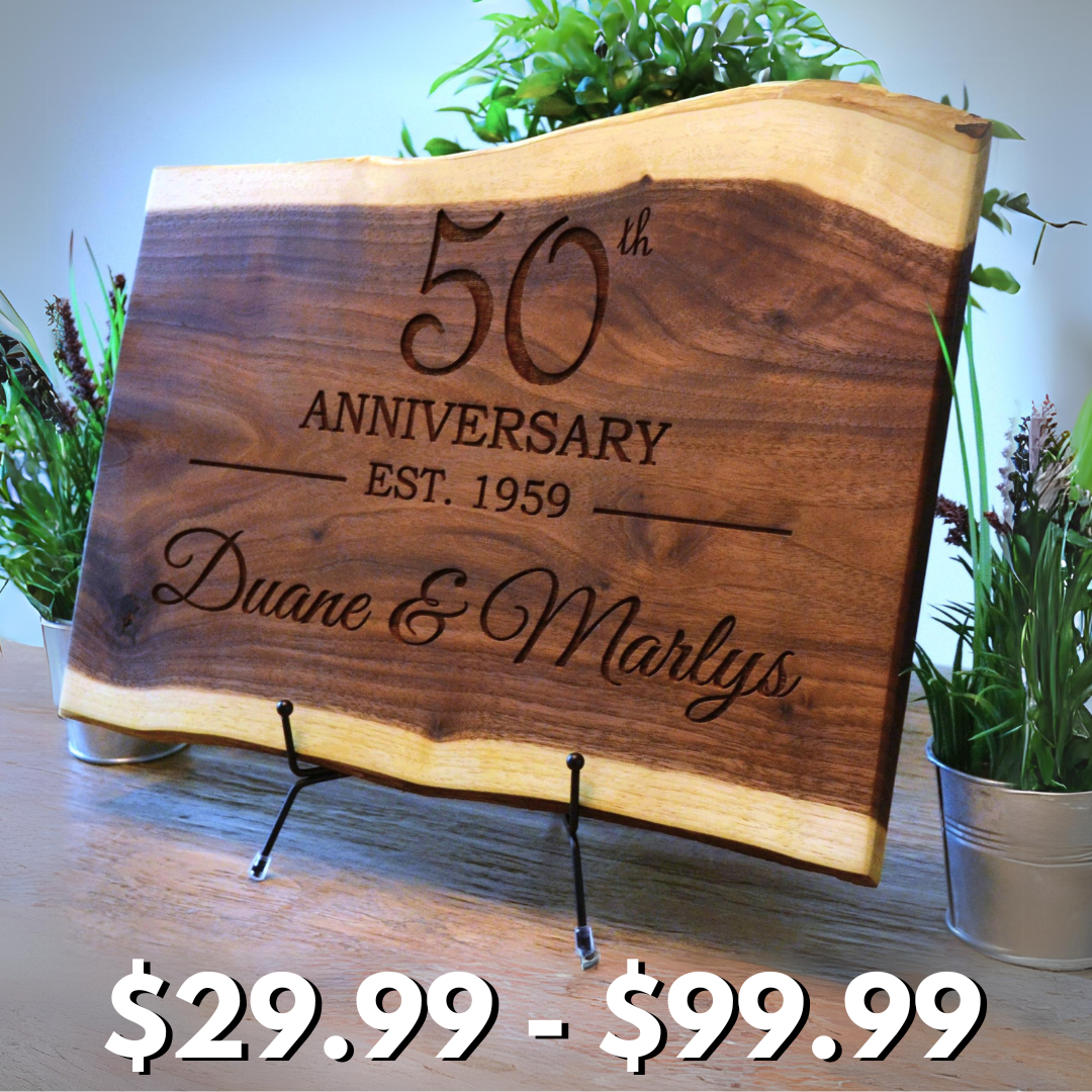 (Anniversary Years Choice) Personalized Cutting Board Wedding Gift Walnut Live Edge Artisan Rustic Display Unique Custom Engraved Anniversary Bride Groom Newlywed Couple Parents Housewarming Christmas