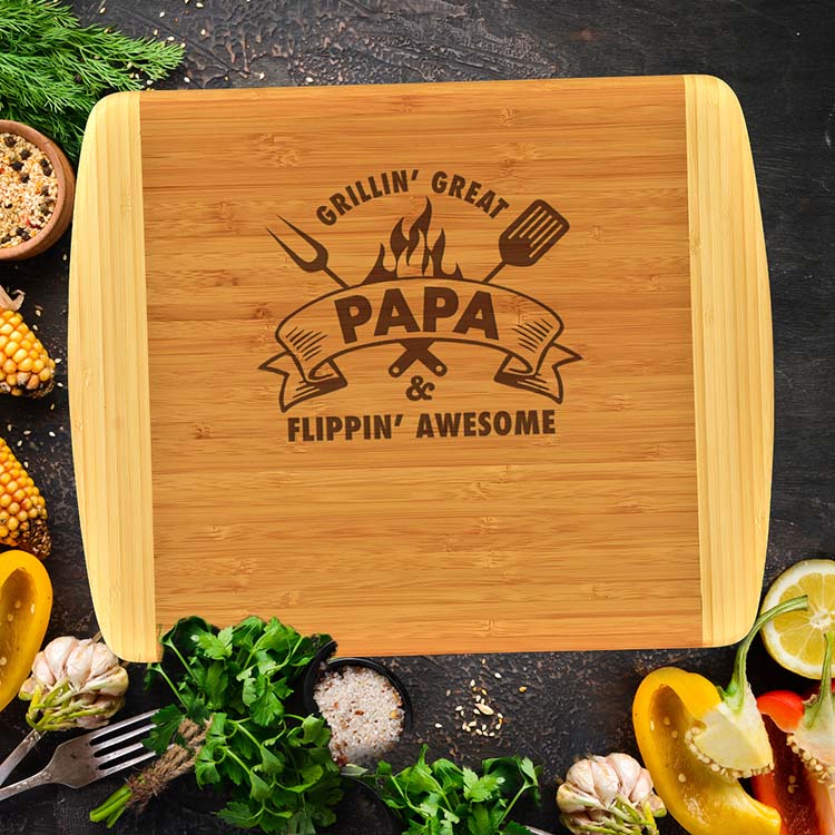 Papa Griillin’ Great & Flippin’ Awesome – 2-Tone Bamboo Cutting Board