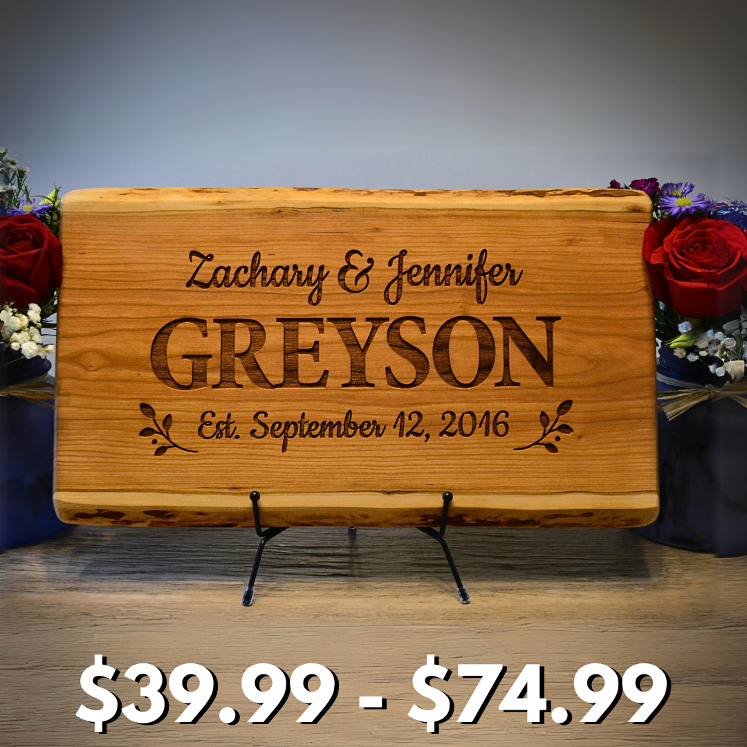 Personalized Cutting Board Wedding Gift Live Edge Cherry or Walnut – Engraved Unique Customized Artisan Rustic Display Bride Groom Couple Newlywed Anniversary Housewarming Christmas Bridal Shower
