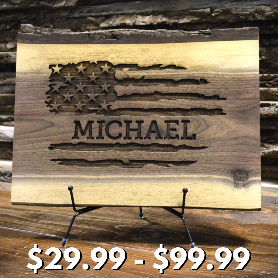 (American Flag Name/Text) Personalized Cutting Board Wedding Gift Walnut Live Edge Artisan Rustic Display Unique Custom Engraved Anniversary Bride Groom Newlywed Couple Parents Housewarming Christmas