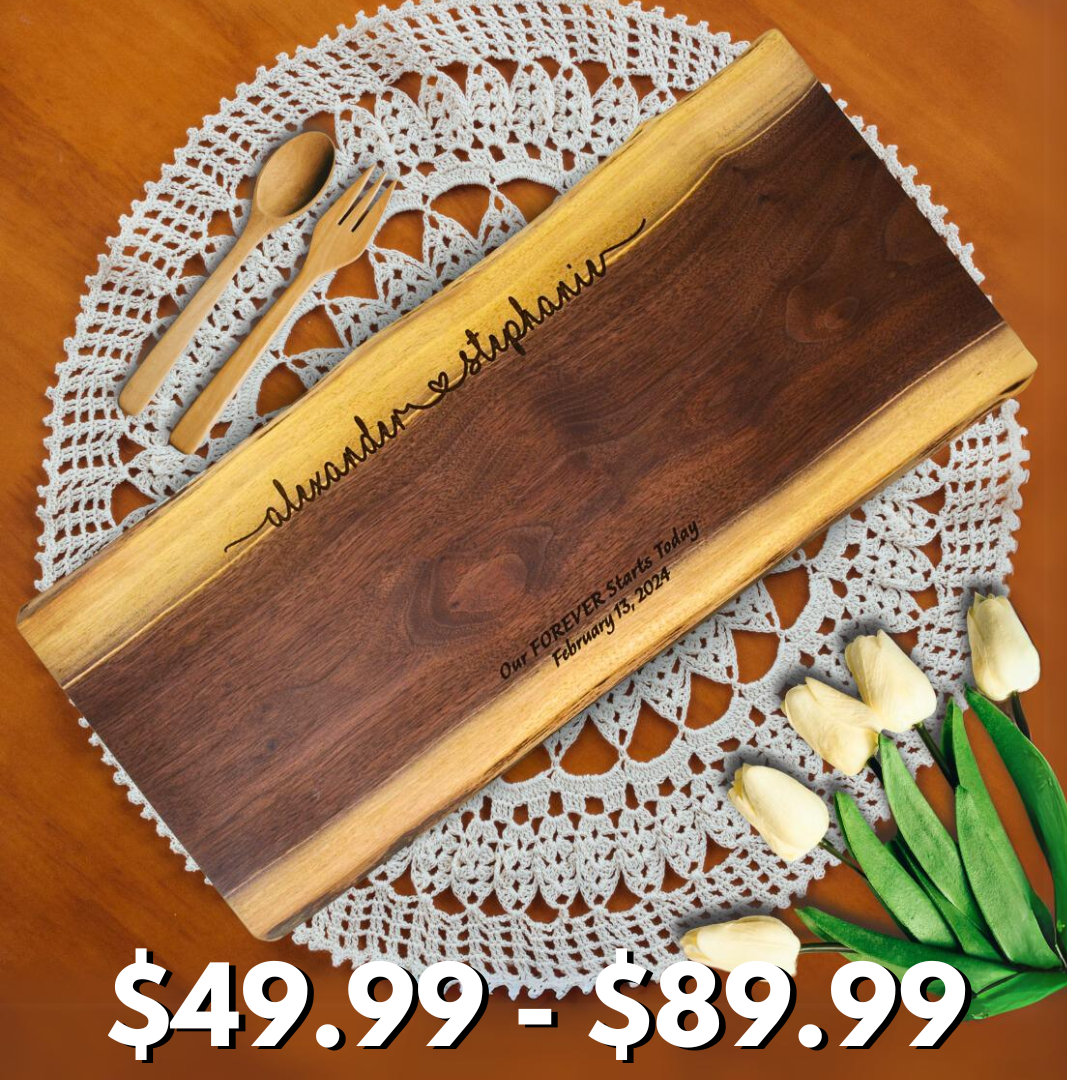 (Forever) Personalized Charcuterie Board Wedding Gift Walnut Live Edge Engraved Custom Wooden Serving Cutting Tray Unique Rustic Monogram Display Couple Parents Anniversary Housewarming Christmas