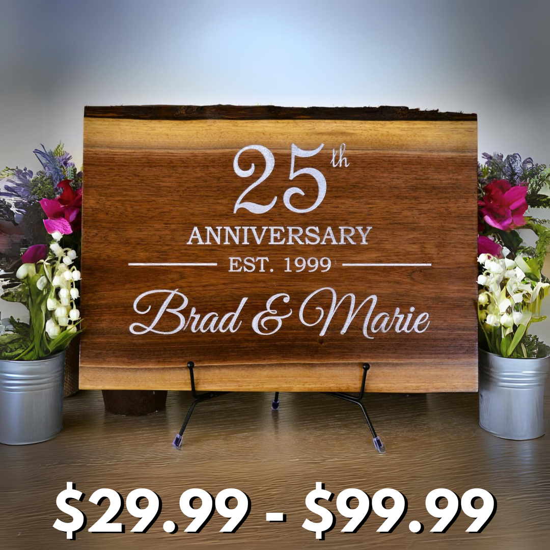 (SILVER ENGRAVED ANY YEAR) Personalized Anniversary Cutting Board Wedding Gift Display Live Edge Walnut Engraved Rustic Unique Customized Idea Couple Parents Grandparents Housewarming Family Christmas
