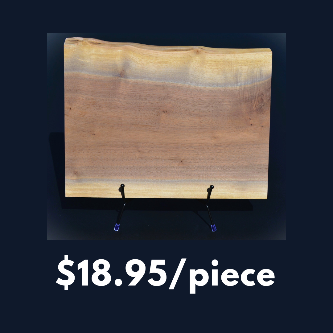 (7″ to 9″ x 11″) 6 pcs/Case of Display Cut Walnut SMOOTH Live-Edge Non-Oiled Fully Finished with Some or No Trace Bark Bottom of boards are cut level to sit level on a display stand