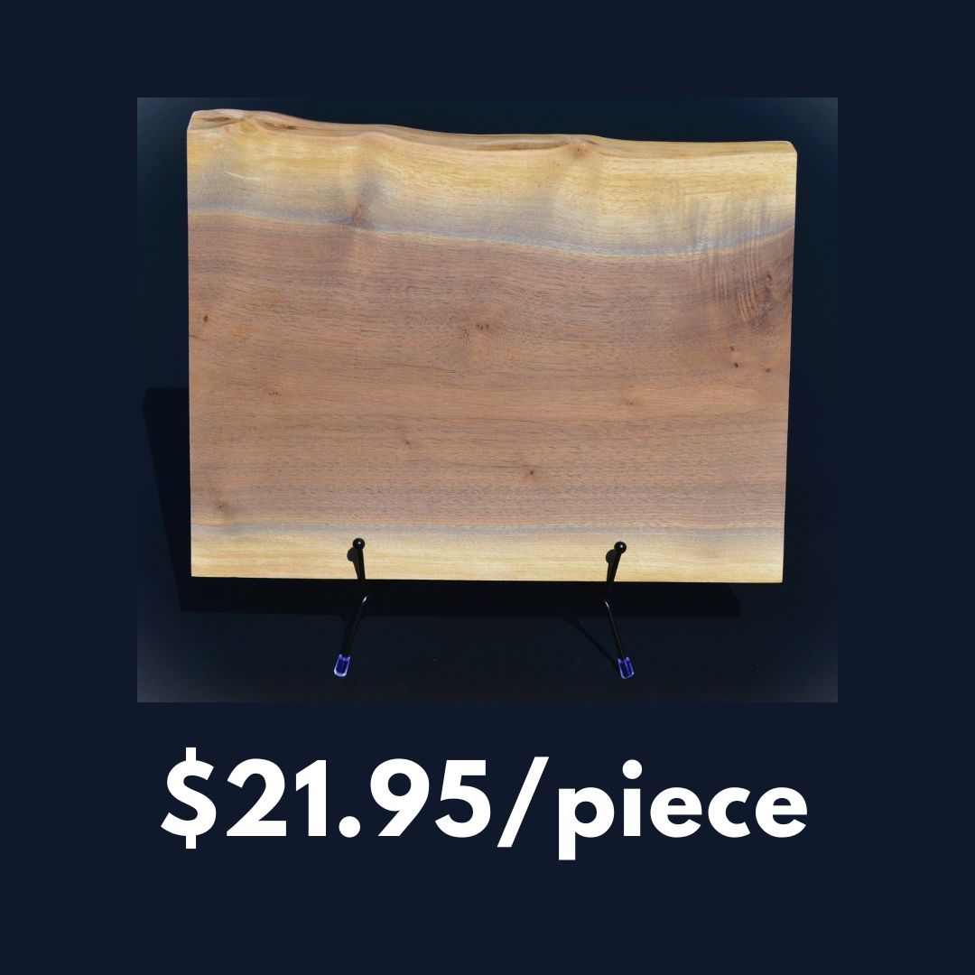 (8″ to 10″ x 13″) 6 pcs/Case of Display Cut Walnut SMOOTH Live-Edge Non-Oiled Fully Finished with Some or No Trace Bark Bottom of boards are cut level to sit level on a display stand