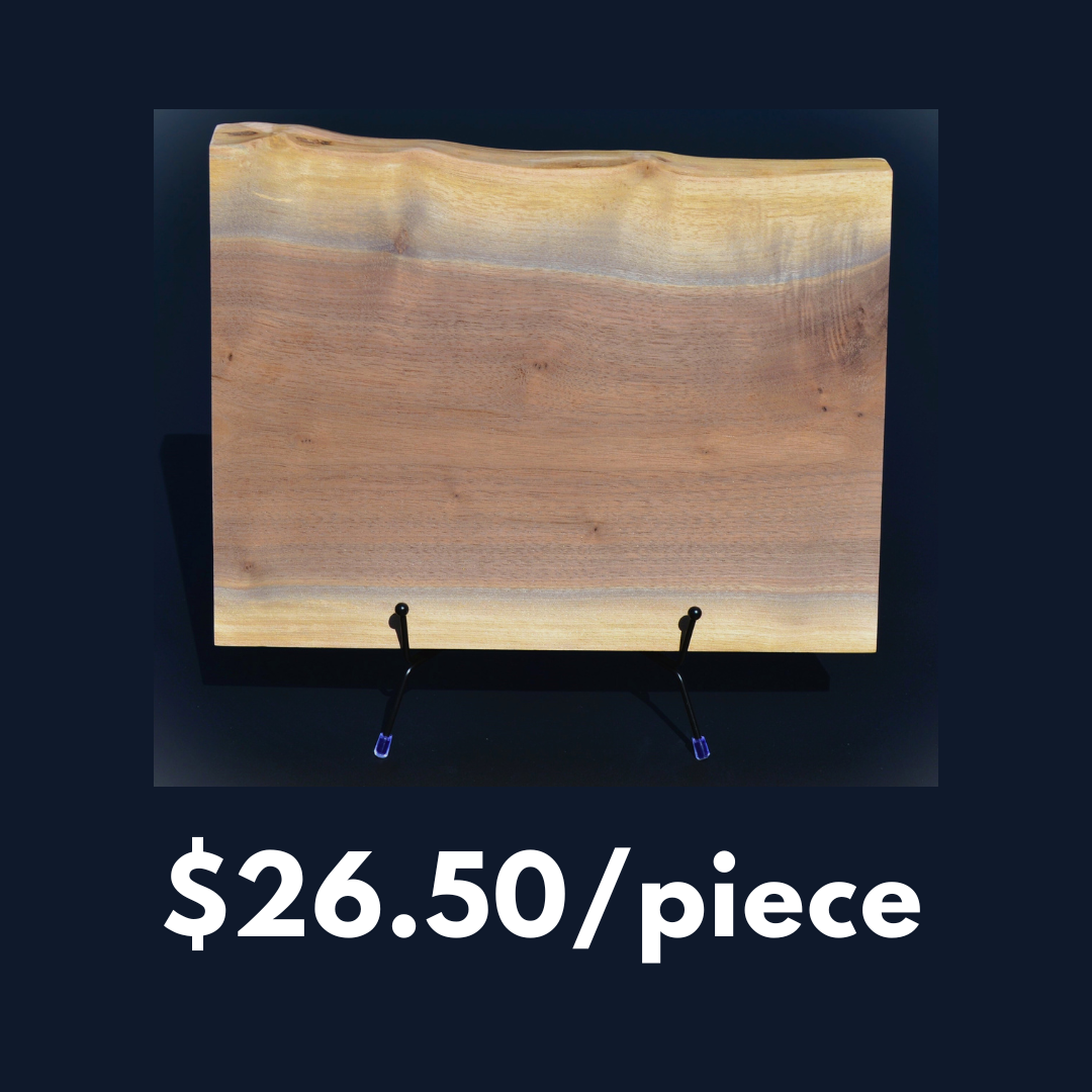 (10″ to 12″ x 15″) 6 pcs/Case of Display Cut Walnut SMOOTH Live-Edge Non-Oiled Fully Finished with Some or No Trace Bark Bottom of boards are cut level to sit level on a display stand