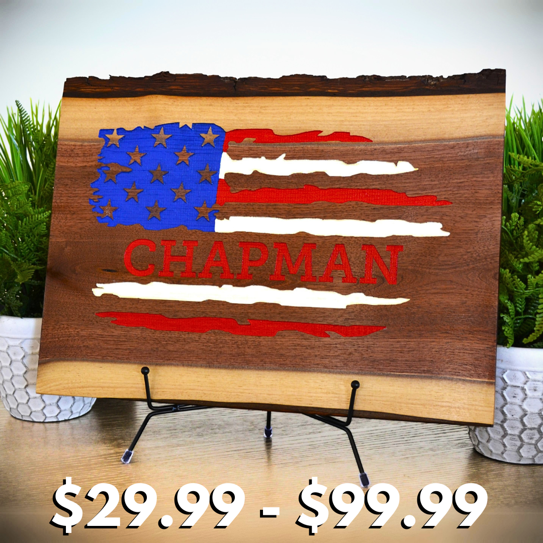 (American Colored Flag/Any Text ) Personalized Cutting Board Wedding Gift Walnut Live Edge Artisan Rustic Display Unique Custom Engraved Anniversary Bride Groom Newlywed Couple Parents Housewarming Christmas