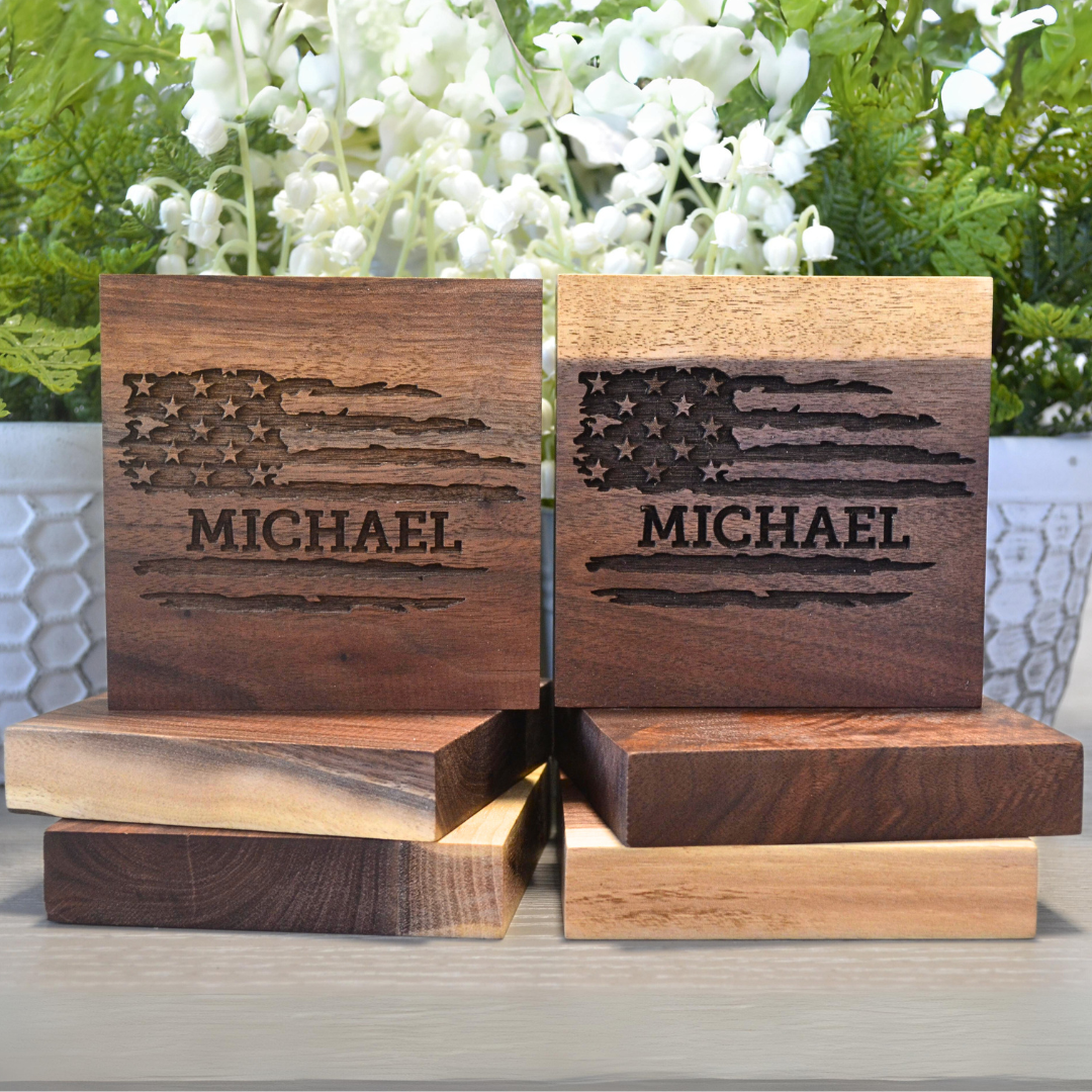 (American Flag/Any Text) Personalized Coasters Wedding Gift Handmade From Live Edge Walnut Engraved