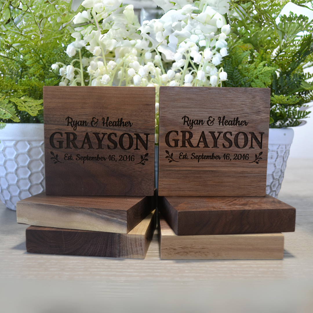 (Leaves) Personalized Coasters Wedding Gift Handmade From Live Edge Walnut Engraved