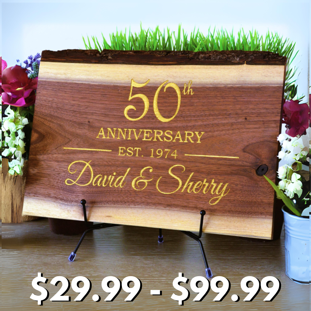 (50th – GOLD) Personalized Anniversary Cutting Board Wedding Gift Display Live Edge Walnut Engraved Rustic Unique Customized Idea Couple Parents Grandparents Housewarming Family Christmas