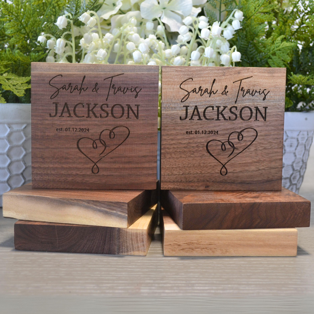 (Heart Design) Personalized Coasters Wedding Gift Handmade From Live Edge Walnut Engraved