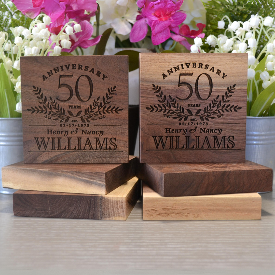 (Rustic Anniversary Years) Personalized Coasters Wedding Gift Handmade From Live Edge Walnut Engraved